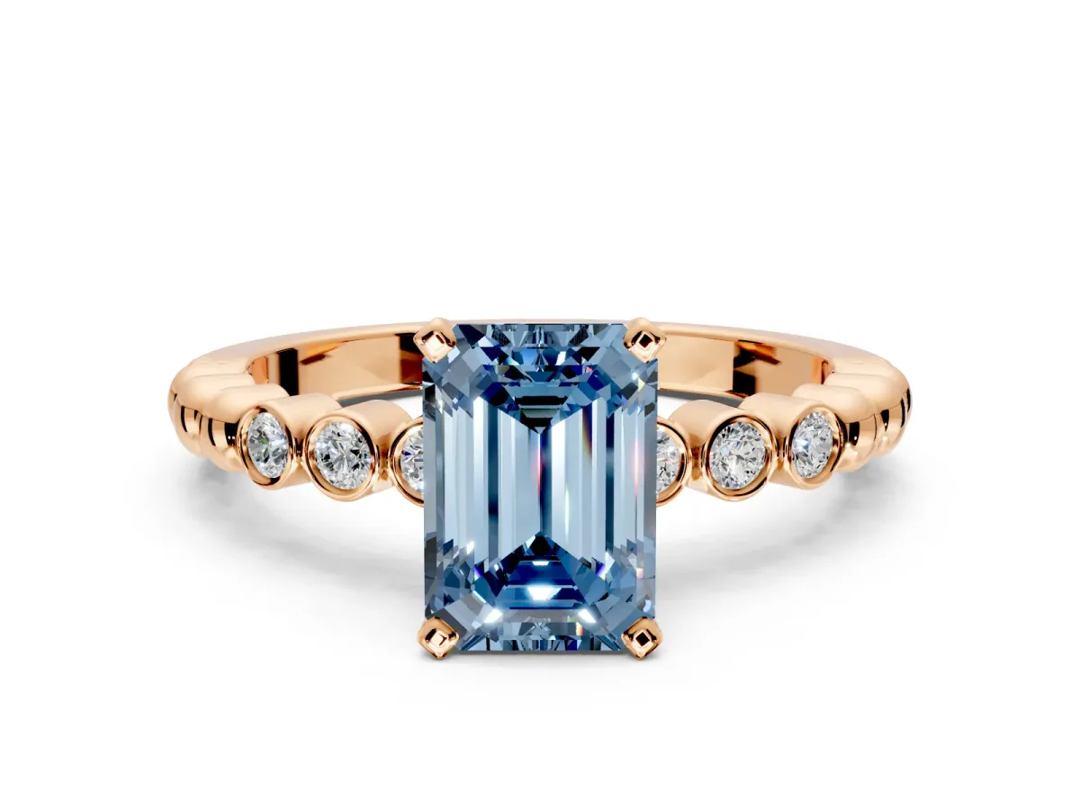 Solitaire Engagement Ring Setting for Fancy Blue Emerald Cut Center with Bezel-Dot Beaded Band and Prong Head in Rose Gold