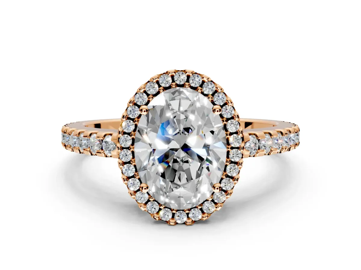 Accent Halo Engagement Ring Setting for Oval Center with Full-Length Pave Band and Prong Head in Rose Gold