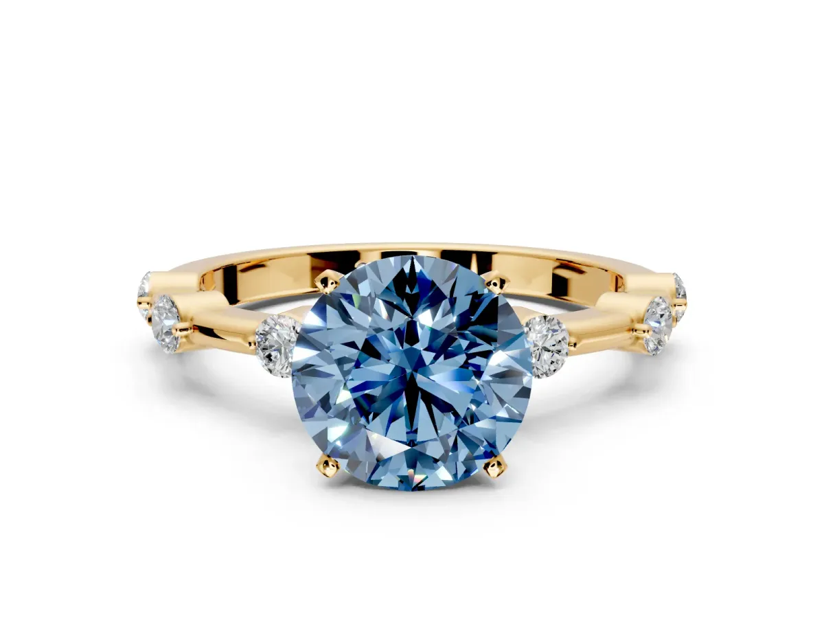 Solitaire Engagement Ring Setting for Fancy Blue Round Cut Center with Bezel Station Band and Prong Head in Yellow Gold