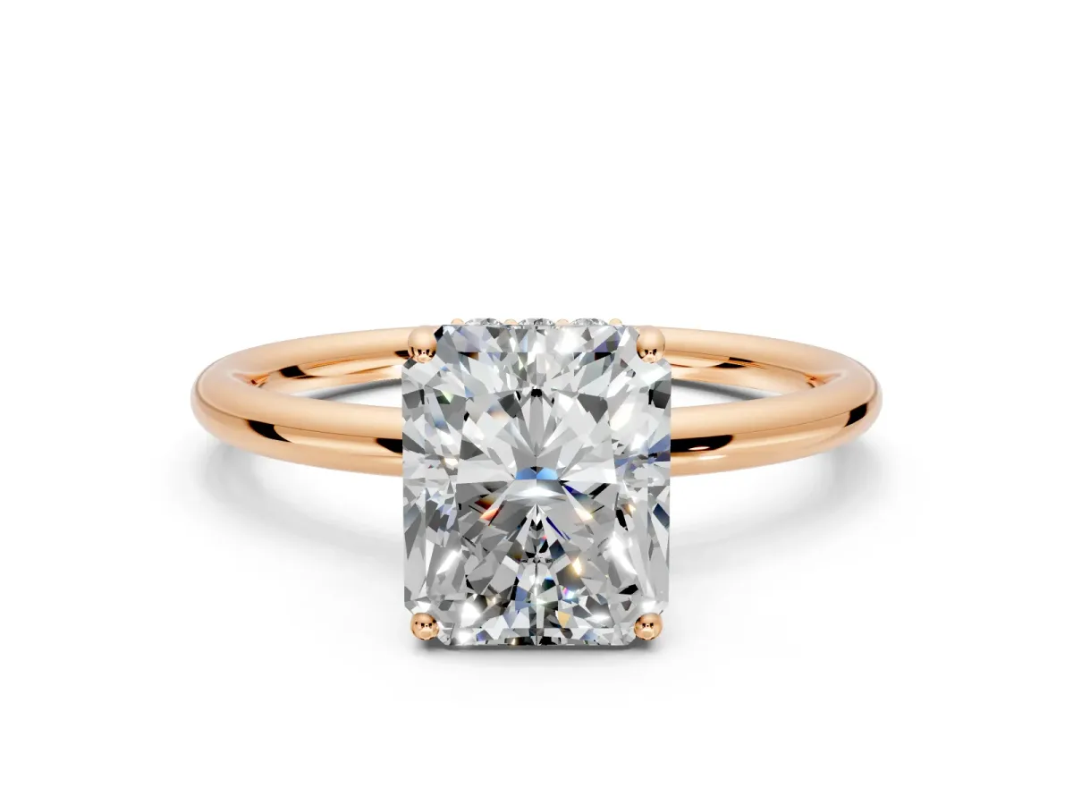 Solitaire Engagement Ring Setting for Radiant Cut Center with Plain Band, Open Basket and Prong Head in Rose Gold