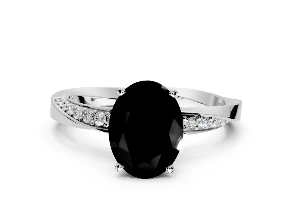 Side Accent Engagement Ring Setting for Fancy Black Oval Center with Accent Shoulders and Prong Head in Sterling Silver