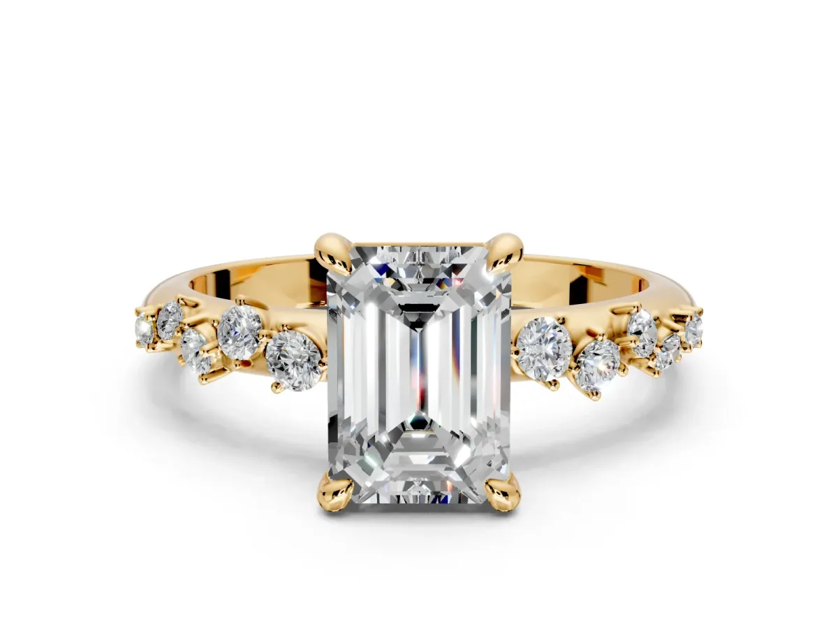 Solitaire Engagement Ring Setting for Emerald Cut Center with Trailing Leaf Accent Band and Prong Head in Yellow Gold