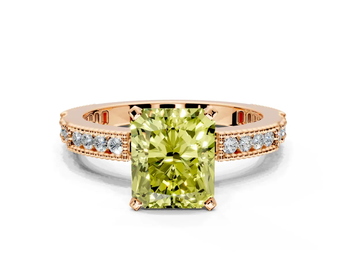 Solitaire Engagement Ring Setting for Fancy Yellow Radiant Cut Center with Milgrain-Edged Pave Band and Prong Head in Rose Gold