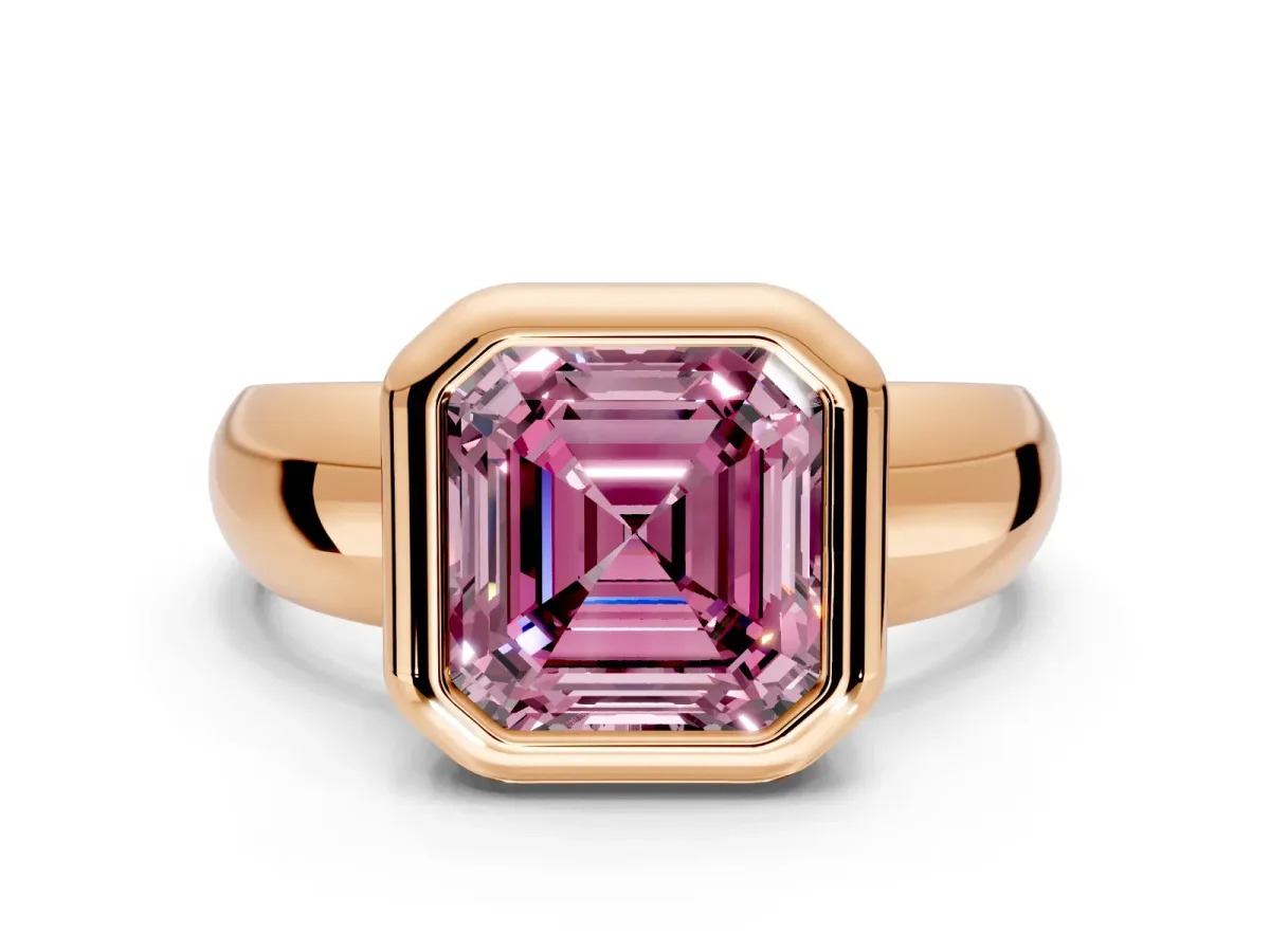 Solitaire Engagement Ring Setting for Fancy Pink Asscher Cut Center with Wide Band and Bezel Head in Rose Gold