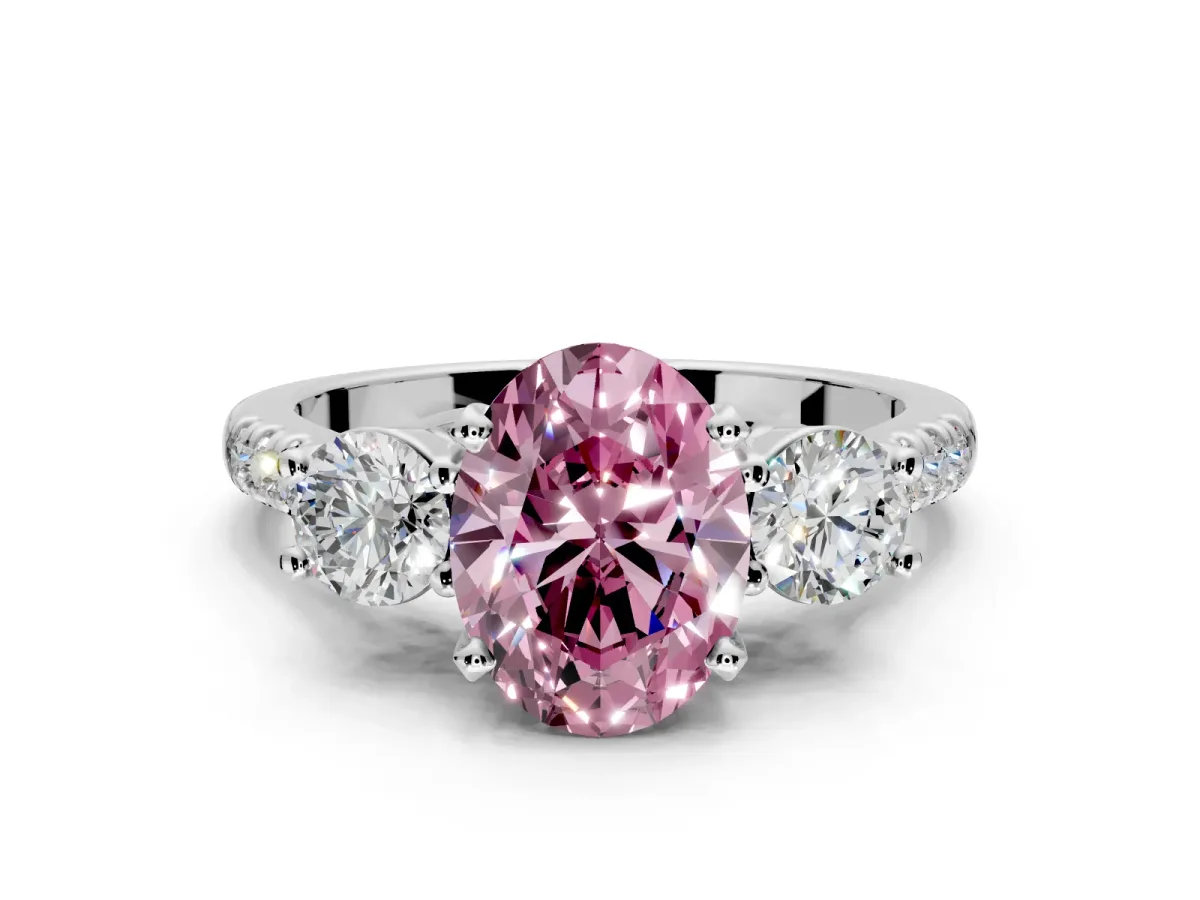 3 Stone Engagement Ring Setting for Fancy Pink Oval Center with Crossover Basket, Pave Band and Prong Head in Sterling Silver