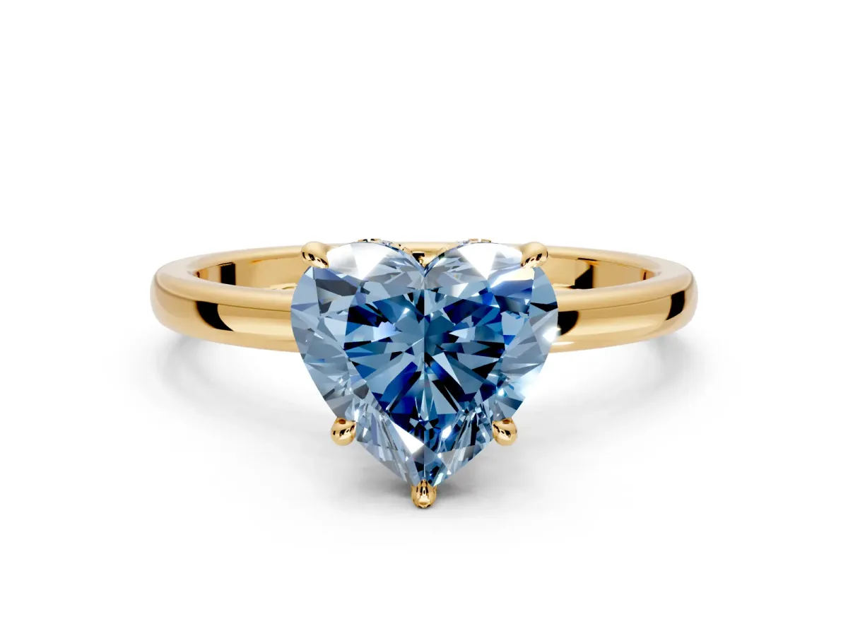 Hidden Halo Engagement Ring Setting for Fancy Blue Heart-Shaped Center with Plain Band and Tall Prong Head in Yellow Gold