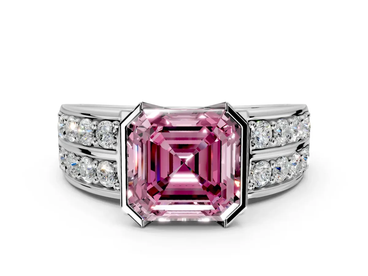 Bezel Engagement Ring Setting for Fancy Pink Asscher Cut Center with Wide Channel-Set Band and Bezel Head in Platinum