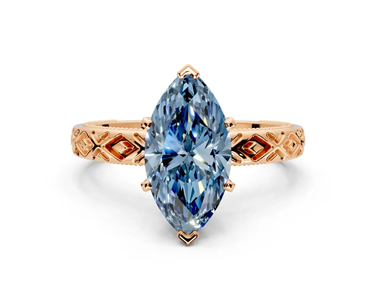Solitaire Engagement Ring Setting for Fancy Blue Marquise Center with Milgrain X Pattern Band and Prong Head in Rose Gold