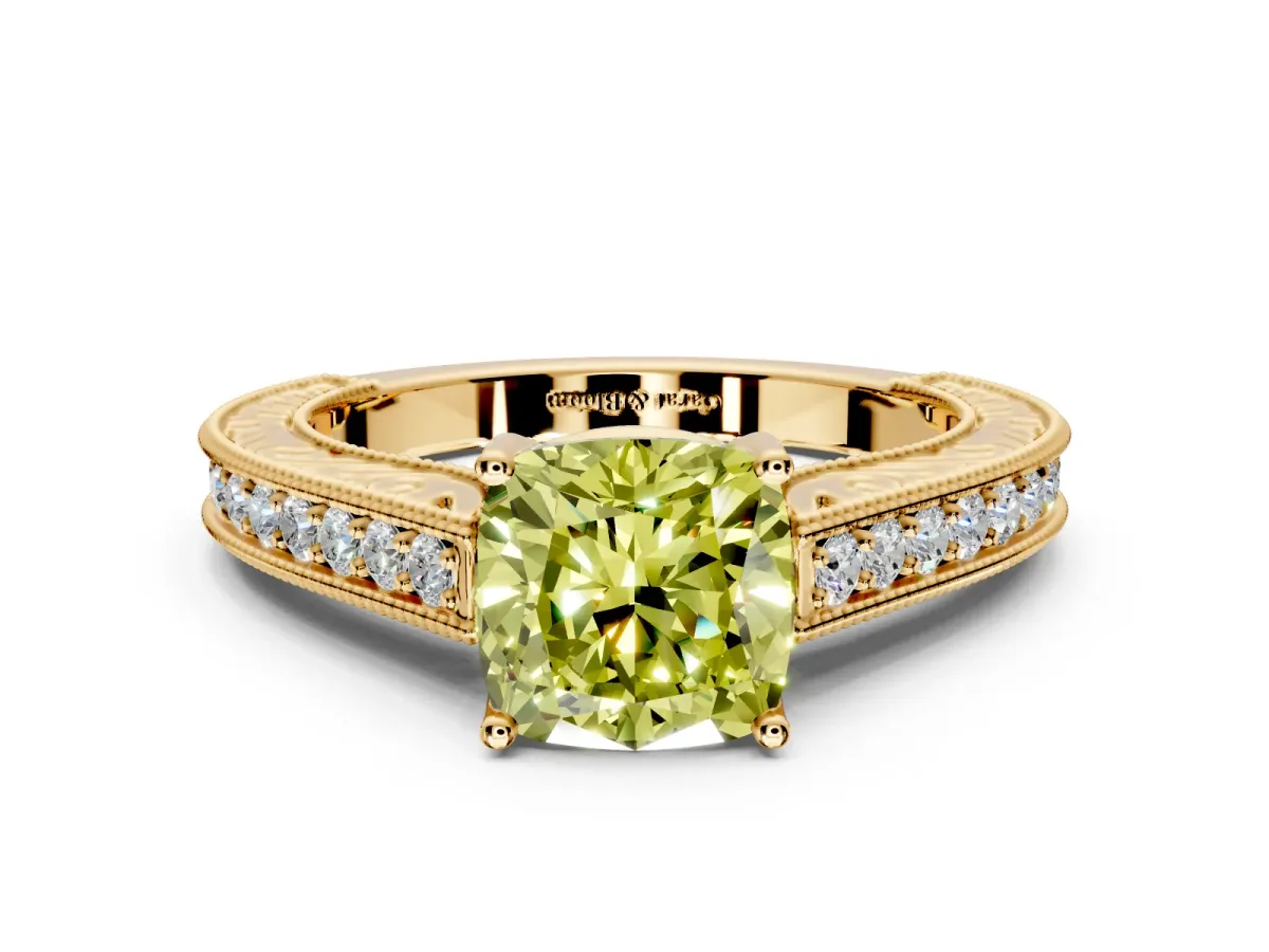 Solitaire Engagement Ring Setting for Fancy Yellow Cushion Cut Center with Engraved Pave Band and Prong Head in Yellow Gold