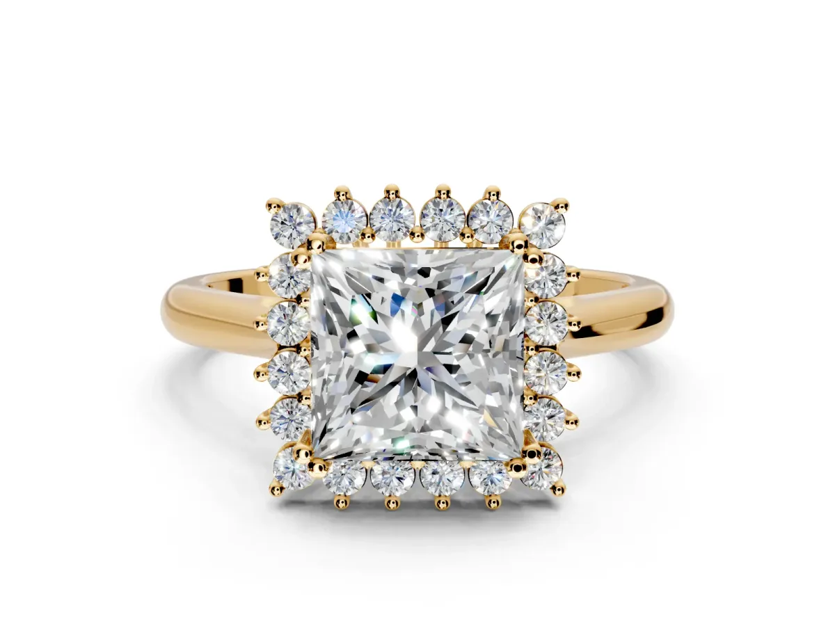 Starburst Halo Engagement Ring Setting for Princess Cut Center with Thin Round-Wire Band and Prong Head in Yellow Gold