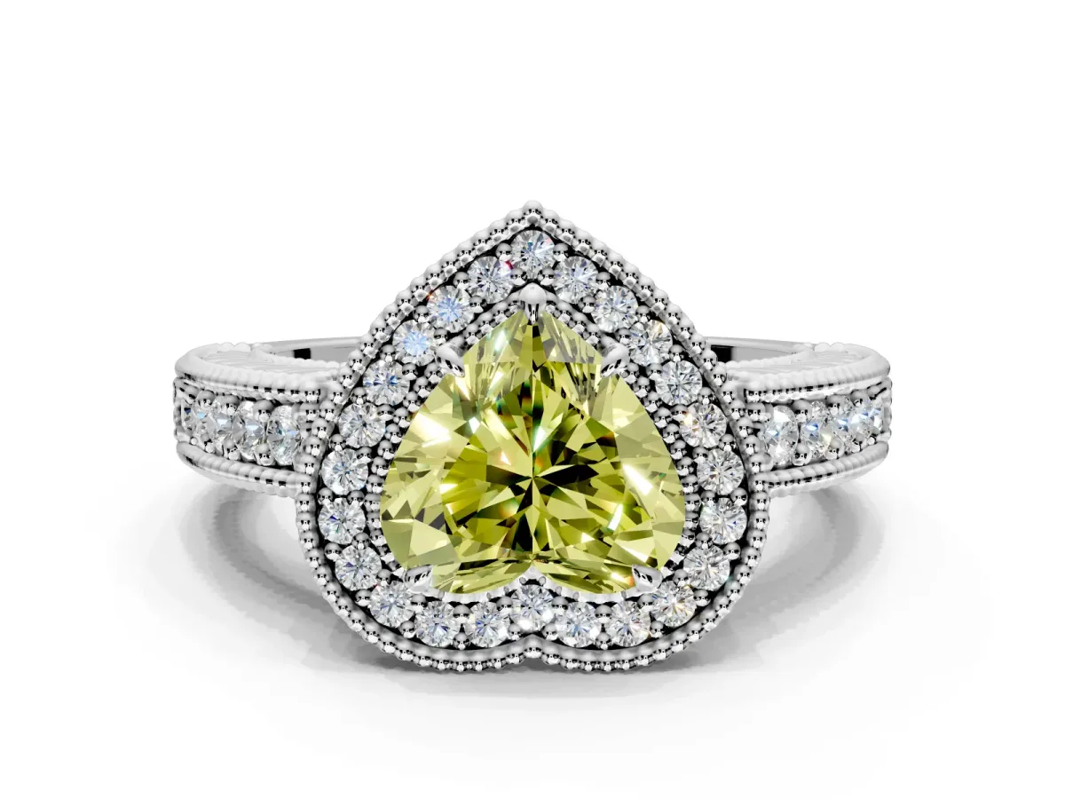 Milgrain Halo Engagement Ring Setting for Fancy Yellow Heart-Shaped Center with Pave Band and Prong Head in Platinum