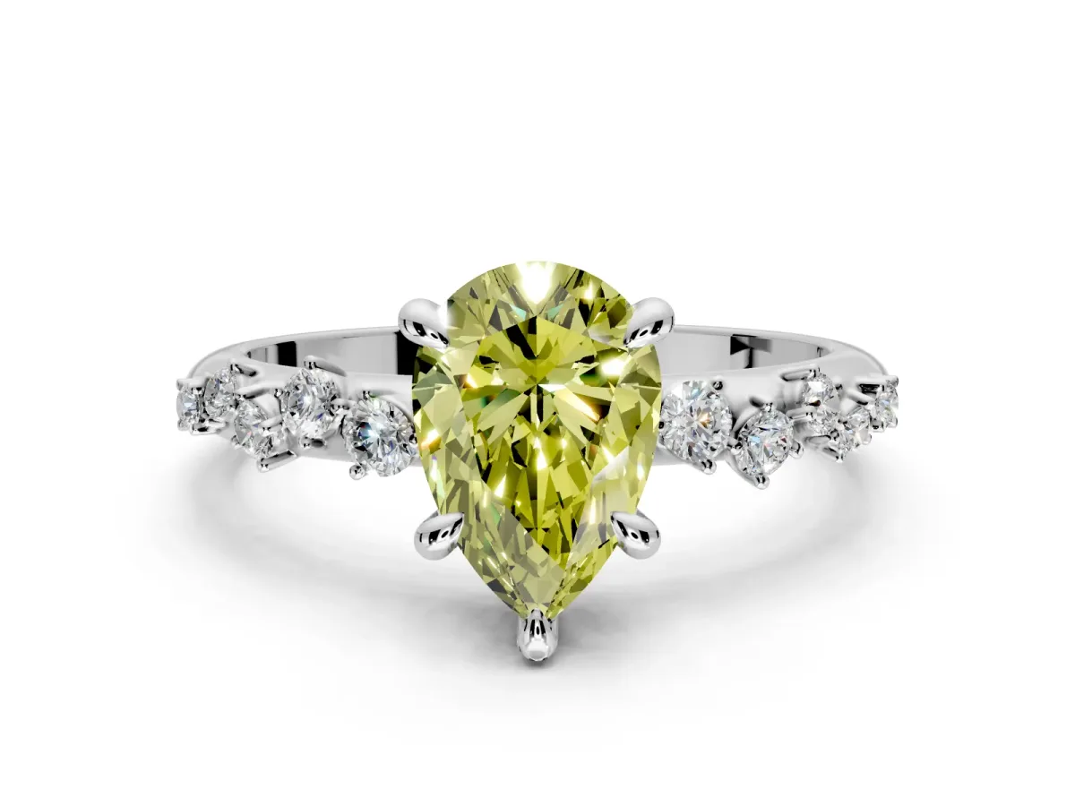 Solitaire Engagement Ring Setting for Fancy Yellow Pear-Shaped Center with Trailing Leaf Accent Band and Prong Head in Sterling Silver
