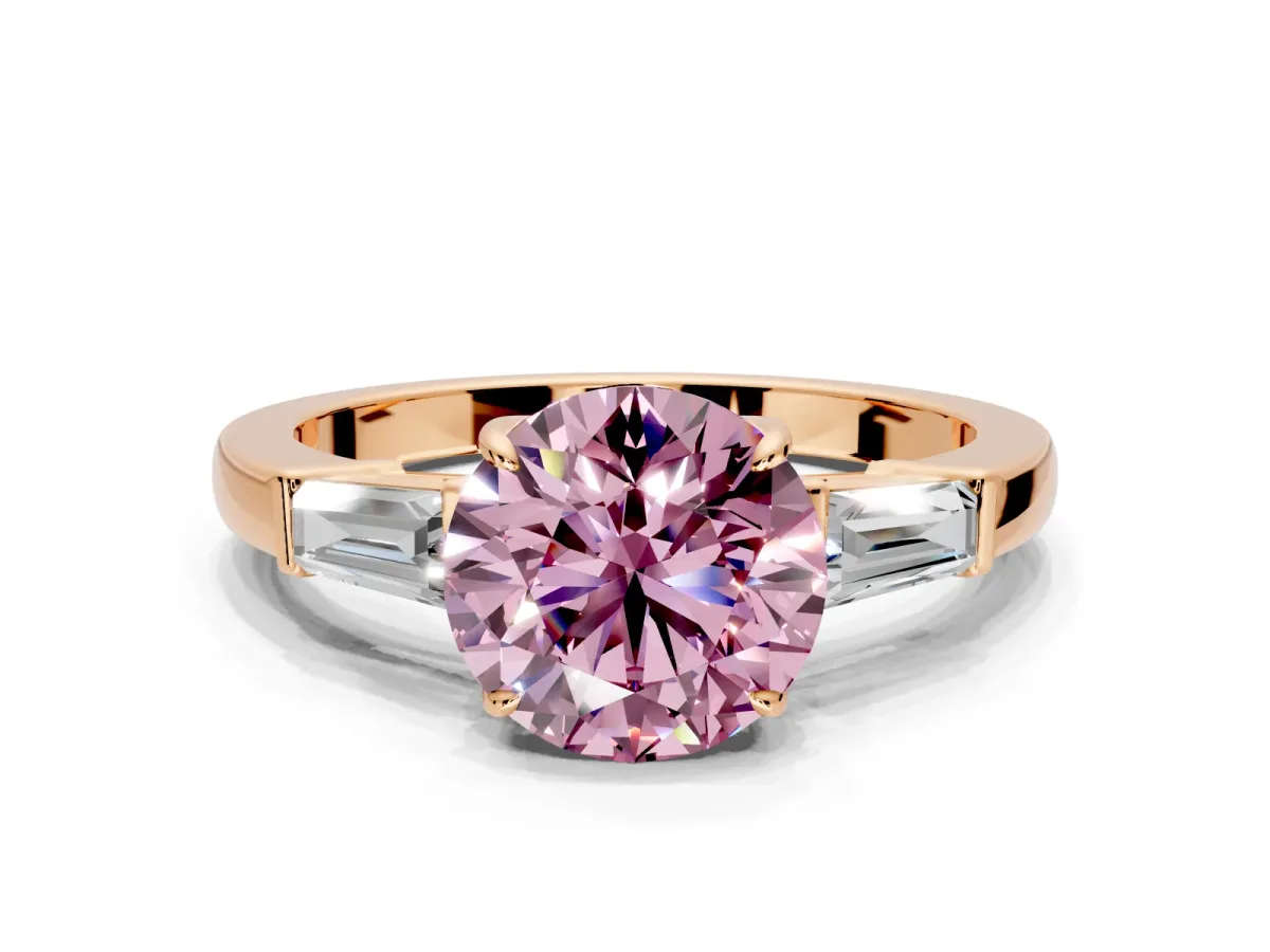 3 Stone Engagement Ring Setting for Fancy Pink Round Cut Center with Baguette Accents and Prong Head in Rose Gold