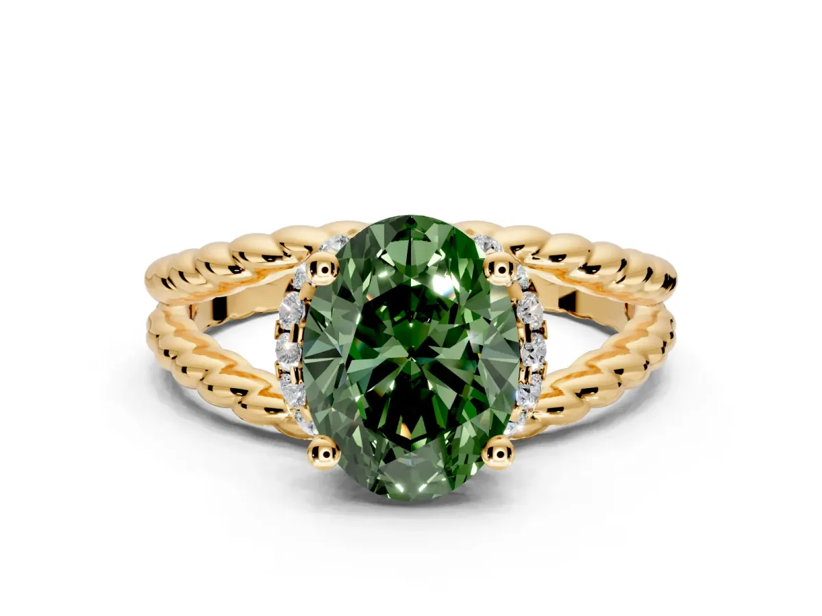 Halo Engagement Ring Setting for Fancy Green Oval Center with Rope Twist Split Shank and Prong Head in Yellow Gold
