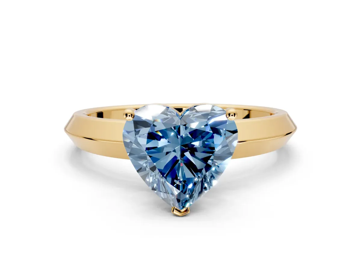 Solitaire Engagement Ring Setting for Fancy Blue Heart-Shaped Center with Wide Knife Ridge Band and Prong Head in Yellow Gold