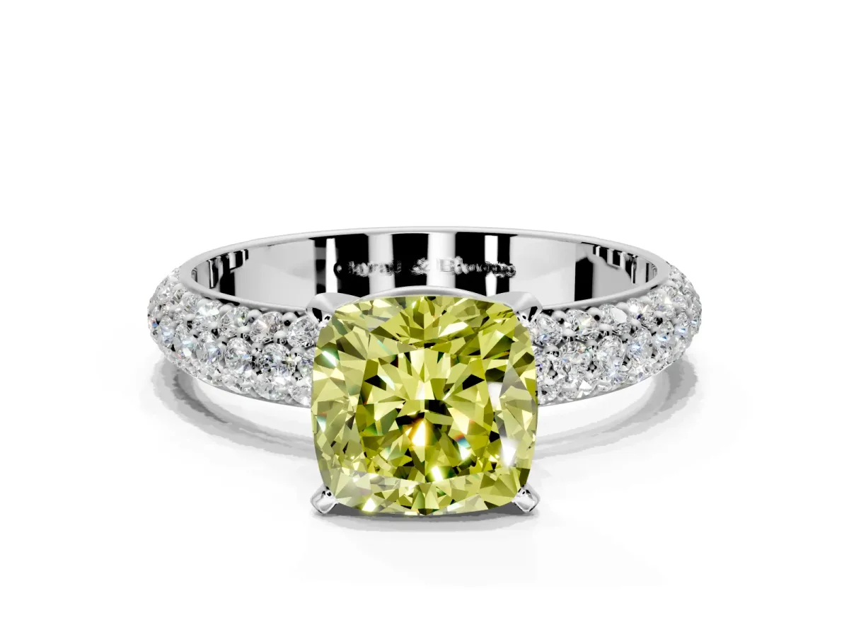 Solitaire Engagement Ring Setting for Fancy Yellow Cushion Cut Center with Domed Multi-Row Pave Band and Prong Head in Platinum