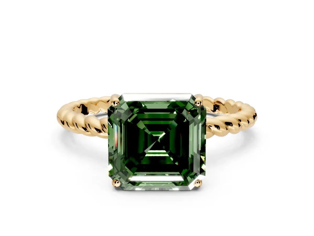 Solitaire Engagement Ring Setting for Fancy Green Asscher Cut Center with Plain Twisted Rope Band and Prong Head in Yellow Gold