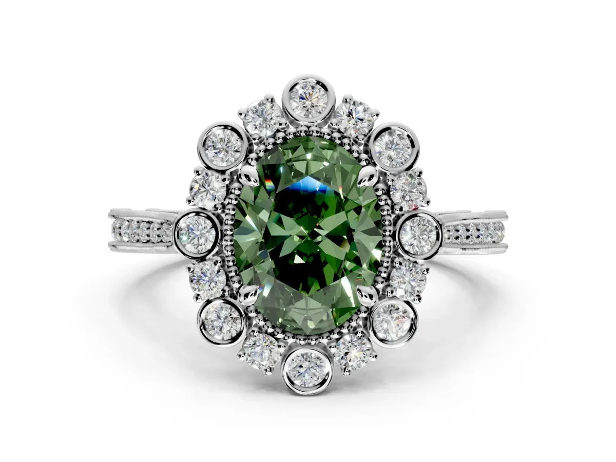 Milgrain Halo Engagement Ring Setting for Fancy Green Oval Center with Bezel Point Accents and Prong Head in Sterling Silver