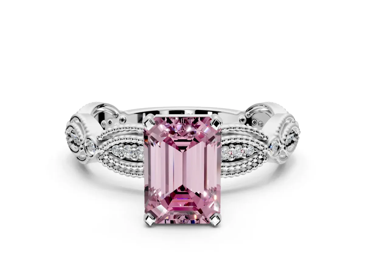 Solitaire Engagement Ring Setting for Fancy Pink Emerald Cut Center with Marquise Panel Band and Prong Head in Platinum