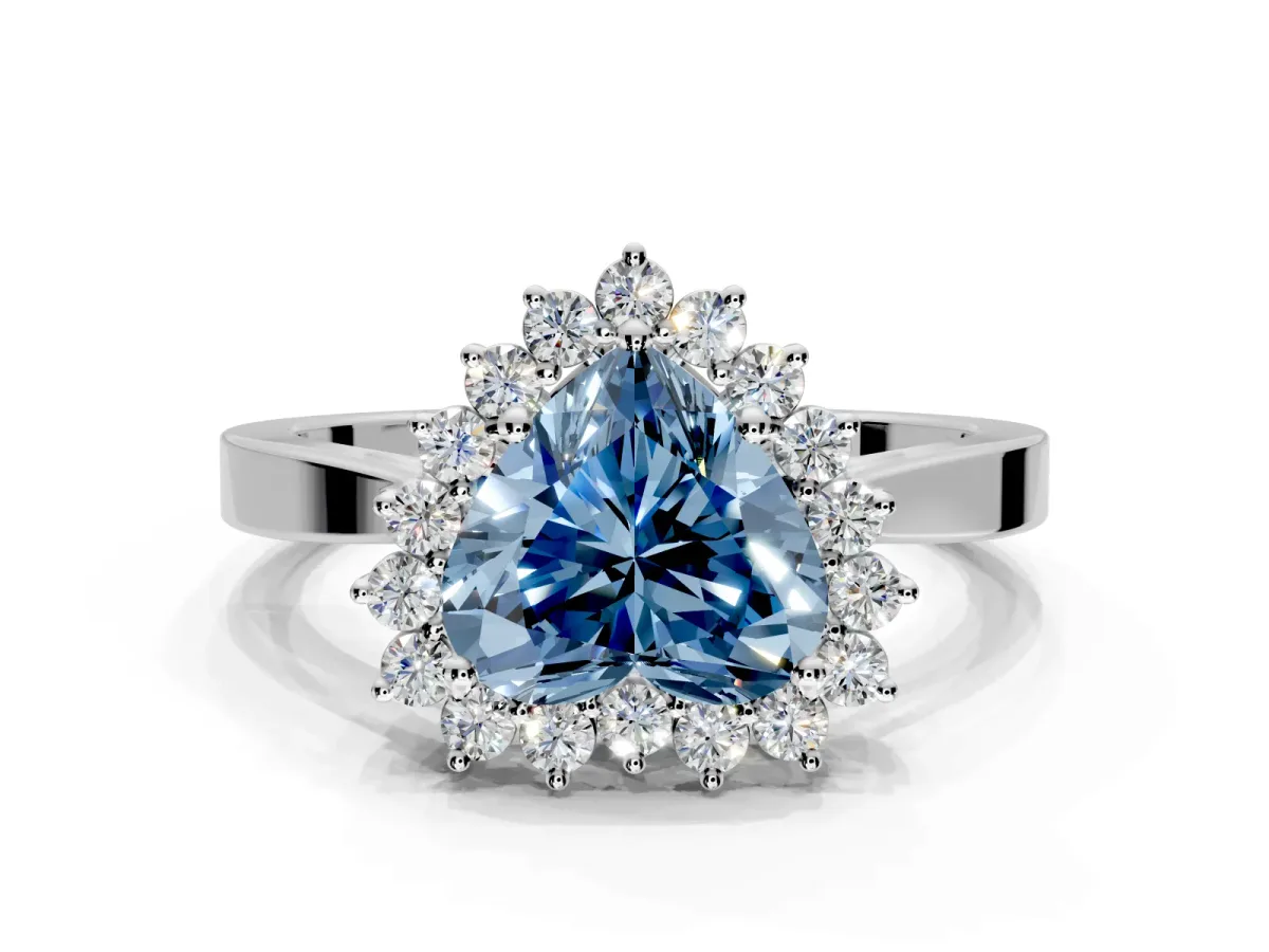 Starburst Halo Engagement Ring Setting for Fancy Blue Heart-Shaped Center with Flat Cathedral Band and Prong Head in White Gold