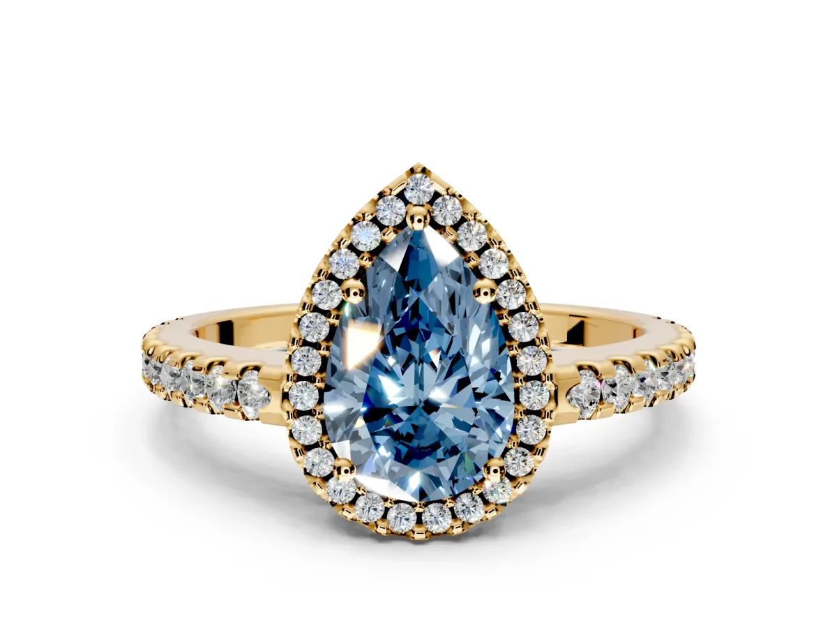 Accent Halo Engagement Ring Setting for Fancy Blue Pear-Shaped Center with Full-Length Pave Band and Prong Head in Yellow Gold
