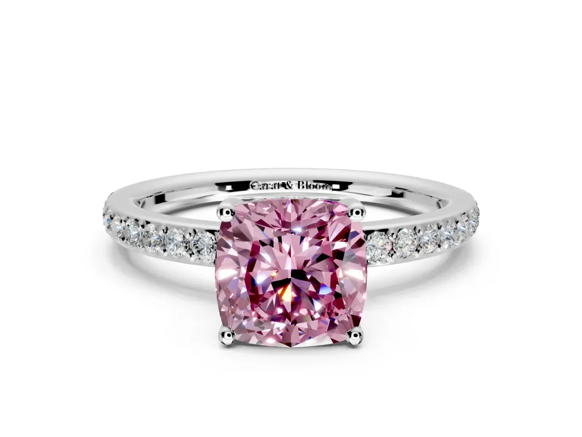 Solitaire Engagement Ring Setting for Fancy Pink Cushion Cut Center with Fine Pave Band and Prong Head in Platinum