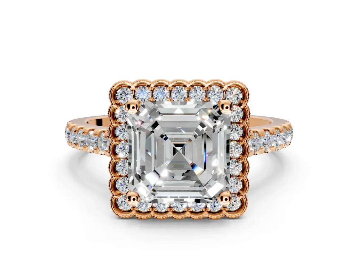 Milgrain Floral Halo Engagement Ring Setting for Asscher Cut Center with Pave Band and Prong Head in Rose Gold