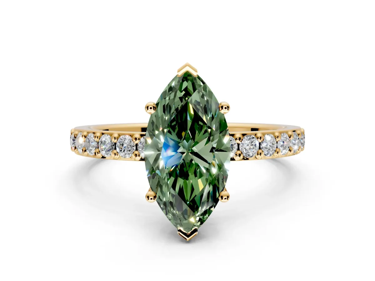 Solitaire Engagement Ring Setting for Fancy Green Marquise Center with Round Cut Pave Band and Prong Head in Yellow Gold