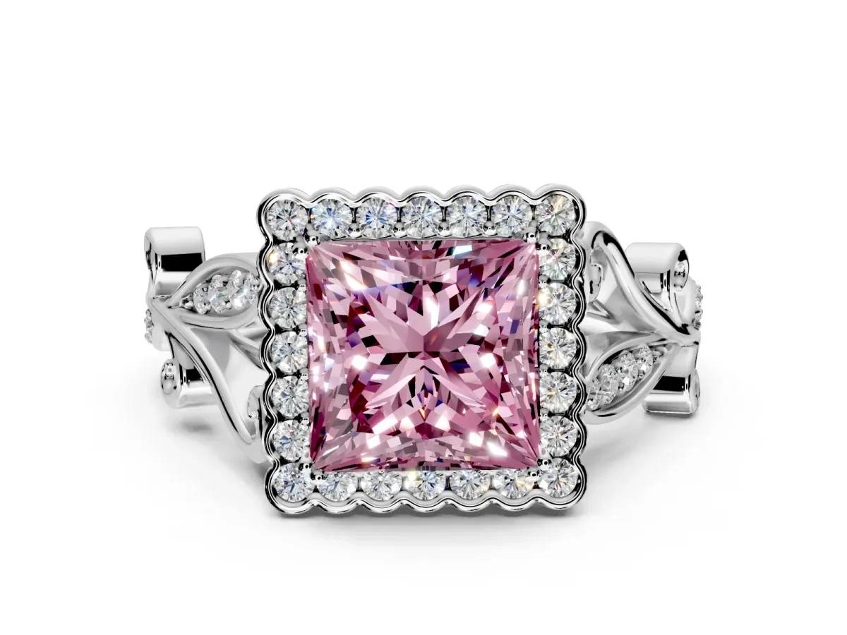 Halo Engagement Ring Setting for Fancy Pink Princess Cut Center with Leaf Motif Split Shank and Prong Head in Platinum