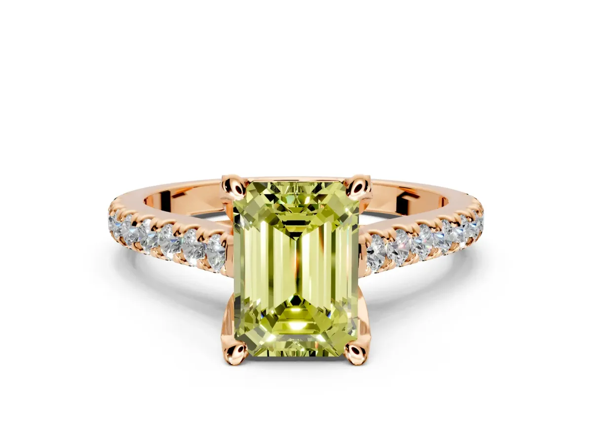 Solitaire Engagement Ring Setting for Fancy Yellow Emerald Cut Center with Widening Pave Band and Claw Prong Head in Rose Gold
