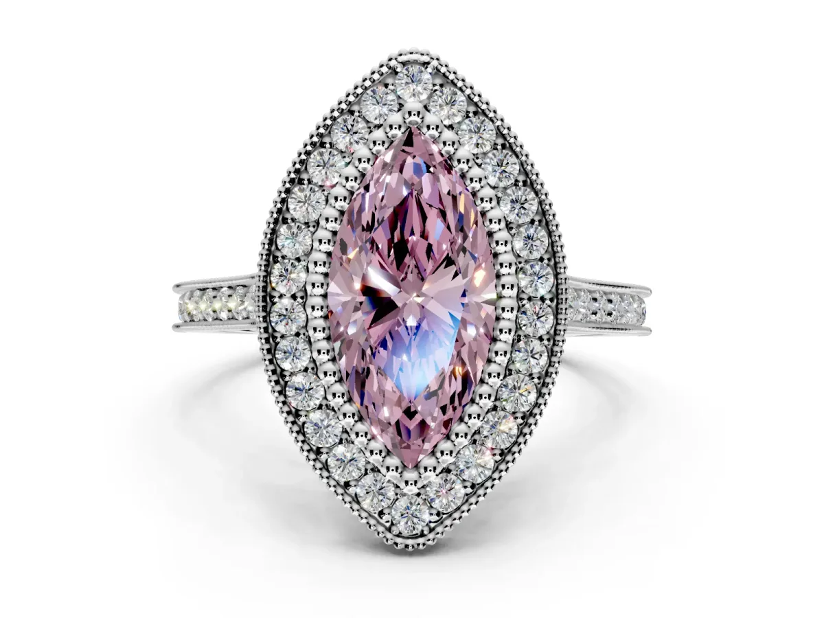 Halo Engagement Ring Setting for Fancy Pink Marquise Center with Milgrain Frame, Pave Band and Prong Head in Platinum