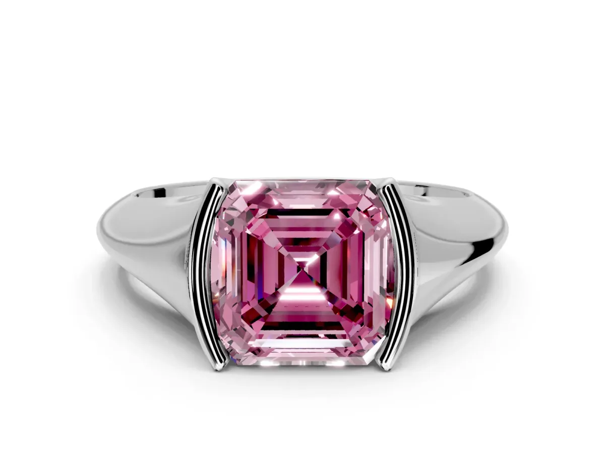 Tension Engagement Ring Setting for Fancy Pink Asscher Cut Center with Wide Tapered Band and Tension Head in White Gold