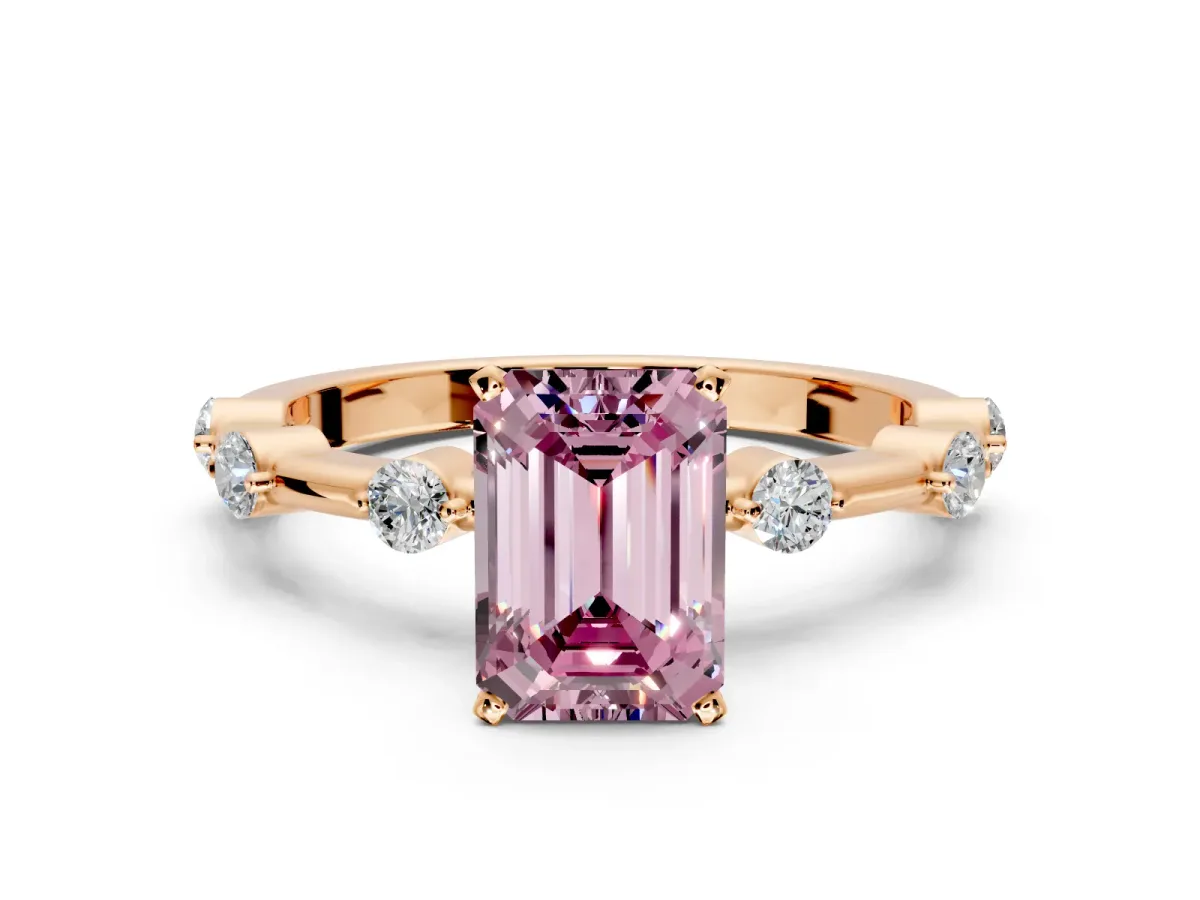 Solitaire Engagement Ring Setting for Fancy Pink Emerald Cut Center with Bezel Station Band and Prong Head in Rose Gold