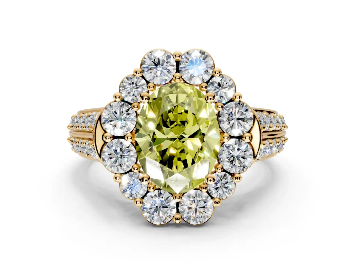 Large Accent Halo Engagement Ring Setting for Fancy Yellow Oval Center with Pave Split Shank and Prong Head in Yellow Gold