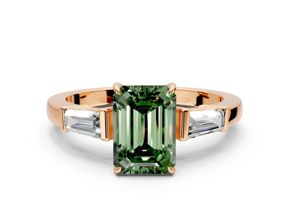 3 Stone Engagement Ring Setting for Fancy Green Emerald Cut Center with Baguette Accents and Prong Head in Rose Gold
