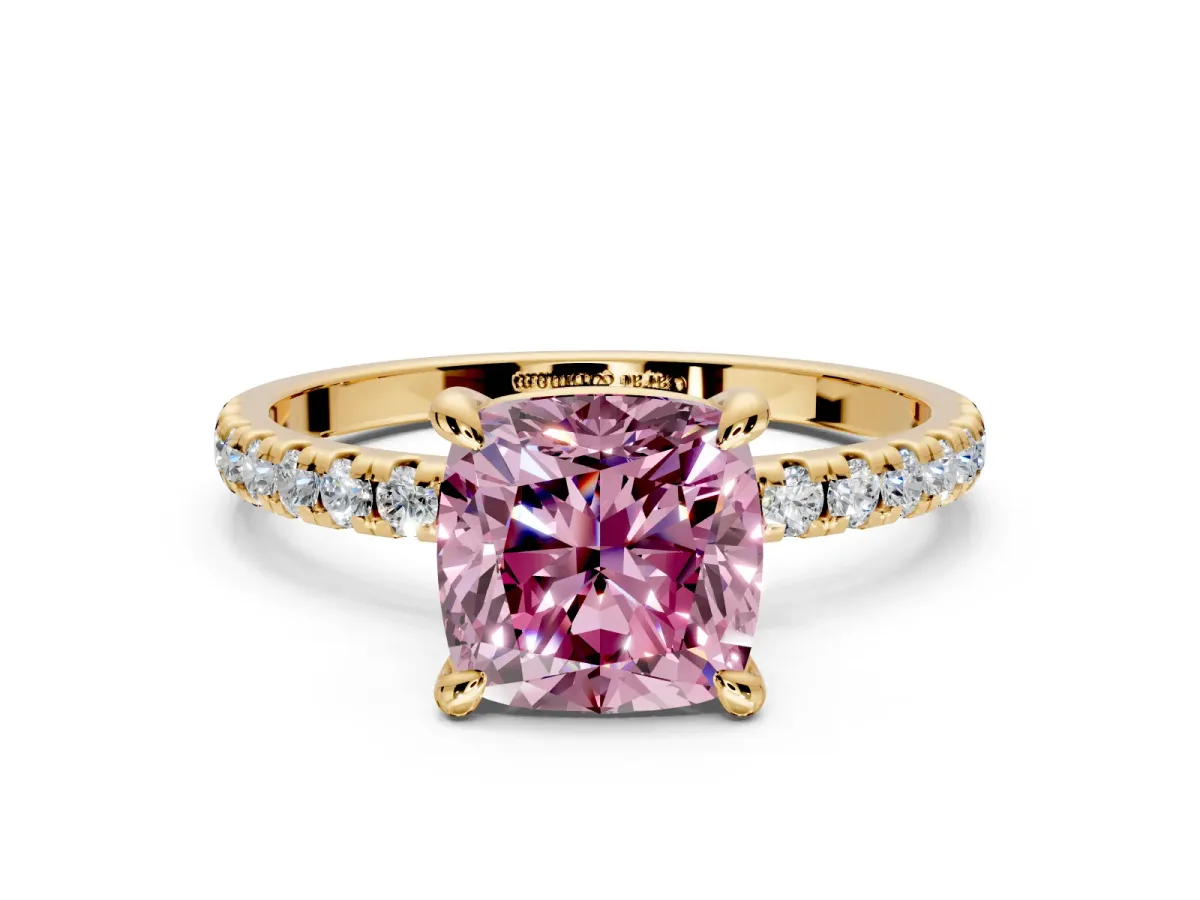 Solitaire Engagement Ring Setting for Fancy Pink Cushion Cut Center with Fine Pave Narrow Band and Prong Head in Yellow Gold