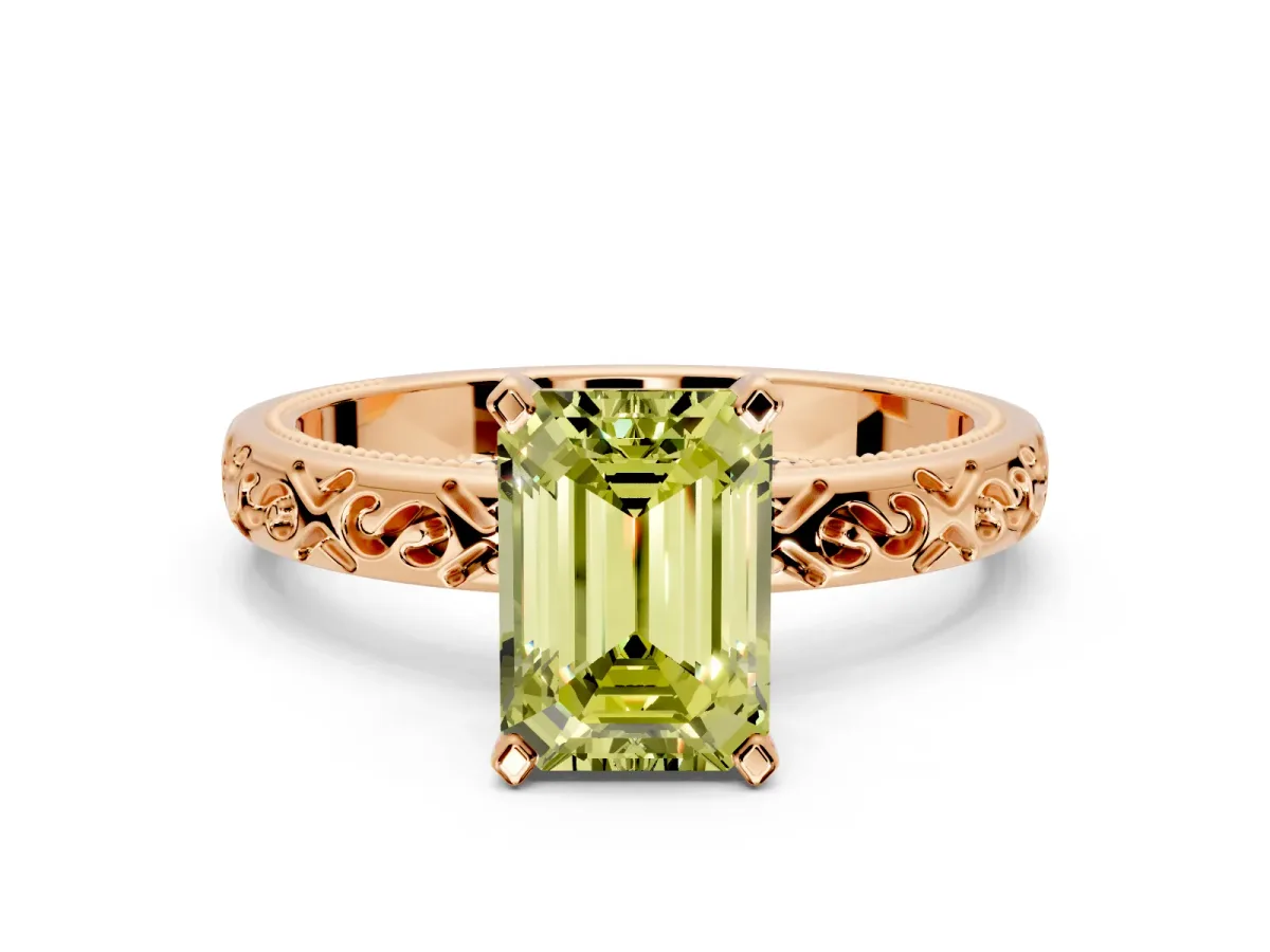 Solitaire Engagement Ring Setting for Fancy Yellow Emerald Cut Center with Scrollwork Band and Prong Head in Rose Gold