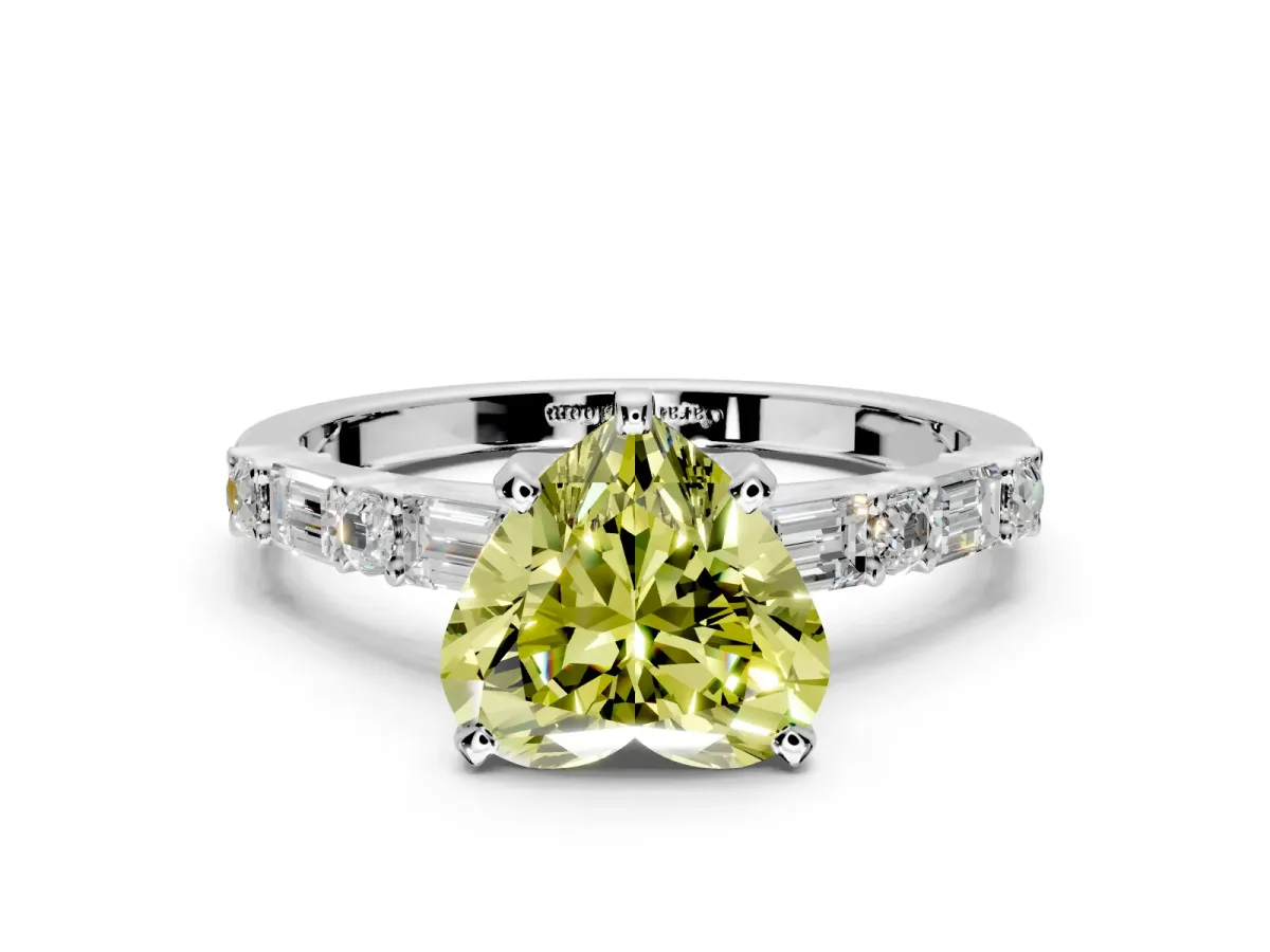 Baguette Engagement Ring Setting for Fancy Yellow Heart-Shaped Center with Alternating Bar-Set Band and Prong Head in White Gold