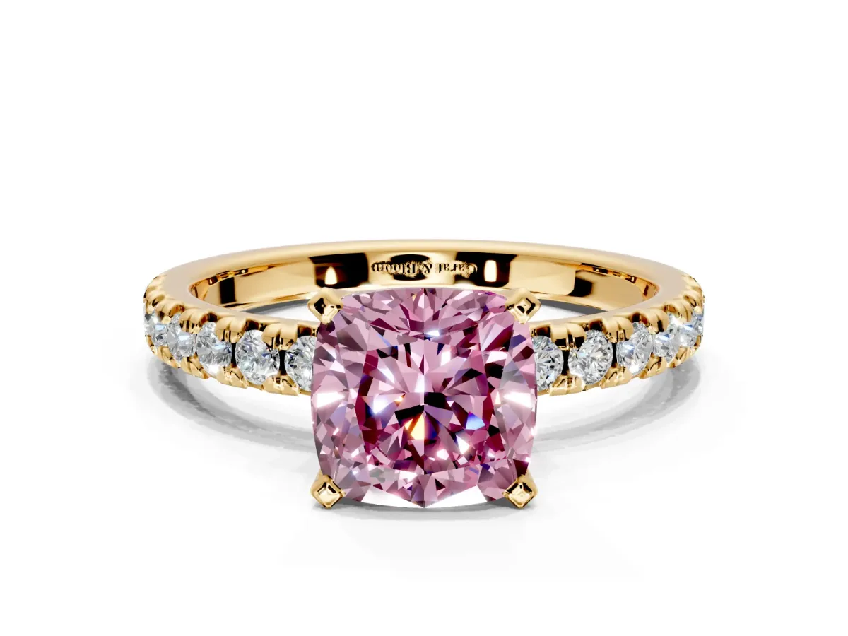 Solitaire Engagement Ring Setting for Fancy Pink Cushion Cut Center with Large Accents and Prong Head in Yellow Gold