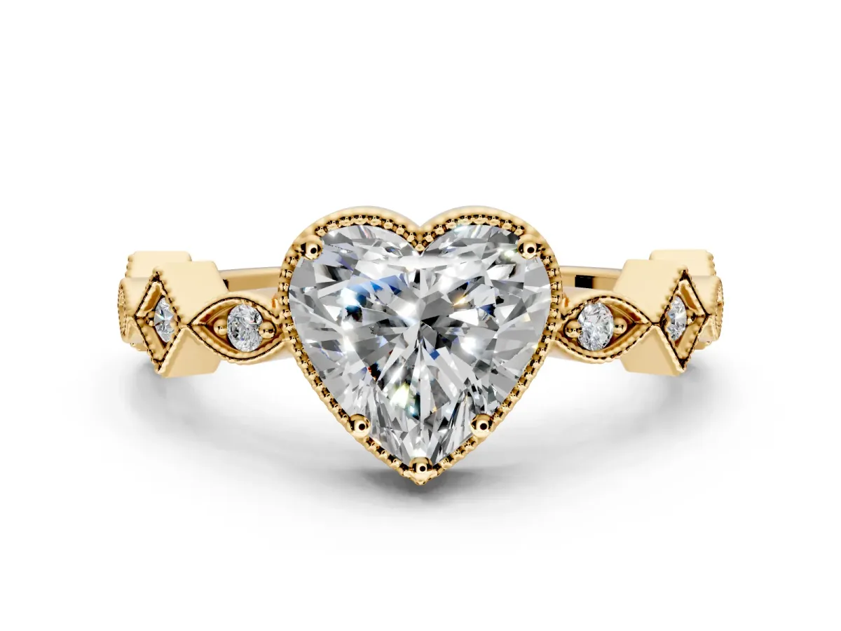 Milgrain Bezel Engagement Ring Setting for Heart-Shaped Center with Marquise Stations and Bezel Head in Yellow Gold