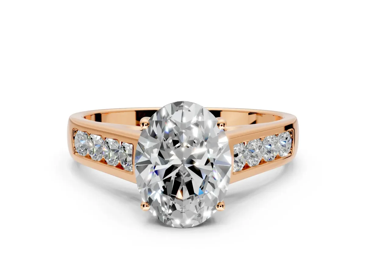 Solitaire Engagement Ring Setting for Oval Center with Cathedral Channel Band and Prong Head in Rose Gold