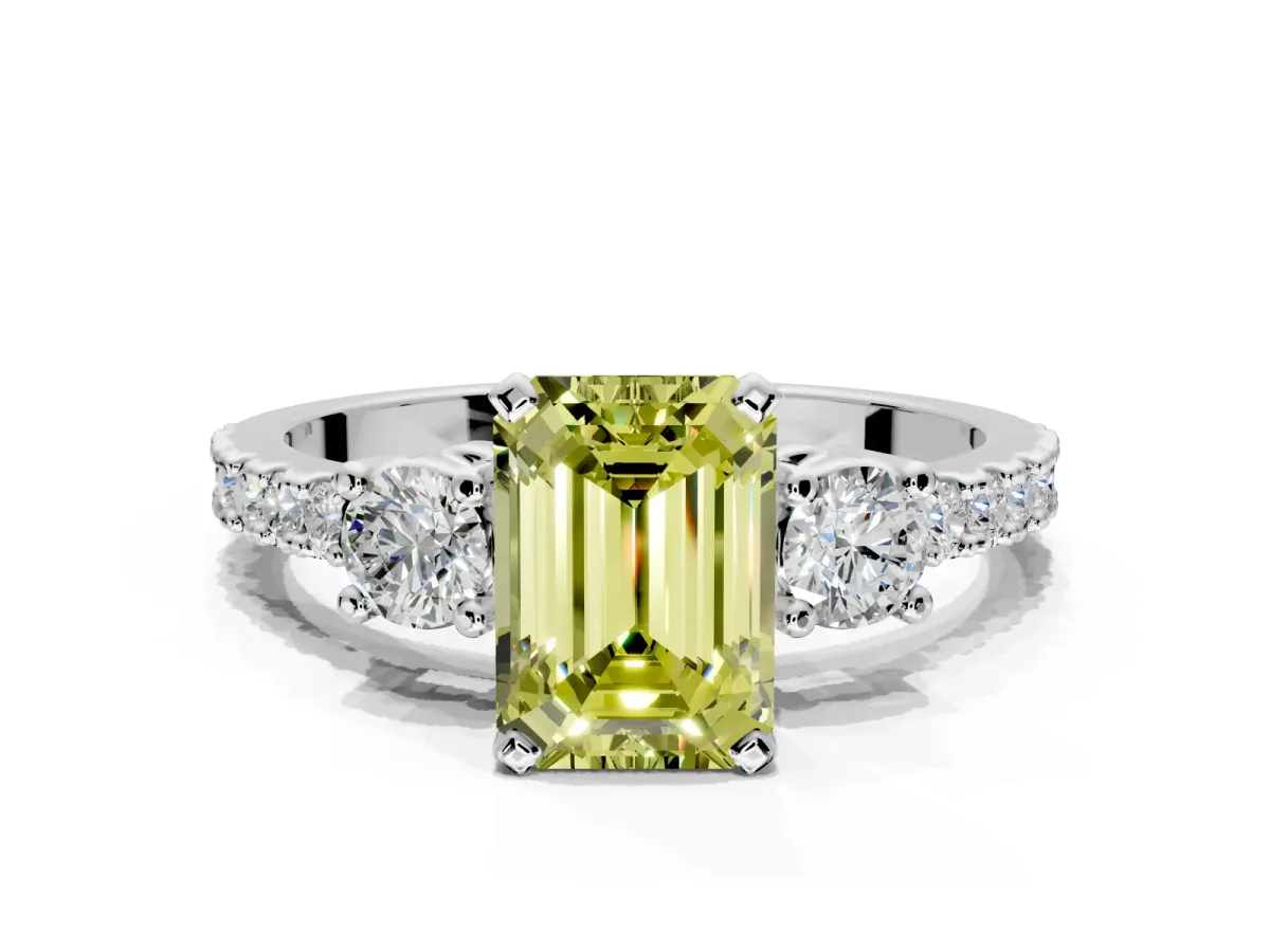 3 Stone Engagement Ring Setting for Fancy Yellow Emerald Cut Center with Round Cut Side Accents and Prong Head in Platinum