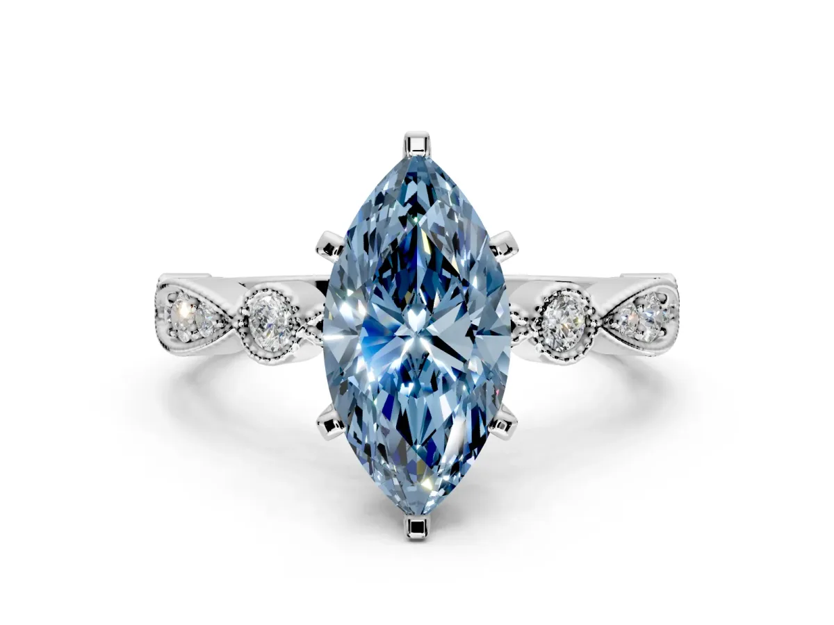 Solitaire Engagement Ring Setting for Fancy Blue Marquise Center with Milgrain Bezel Accents and Prong Head in Platinum
