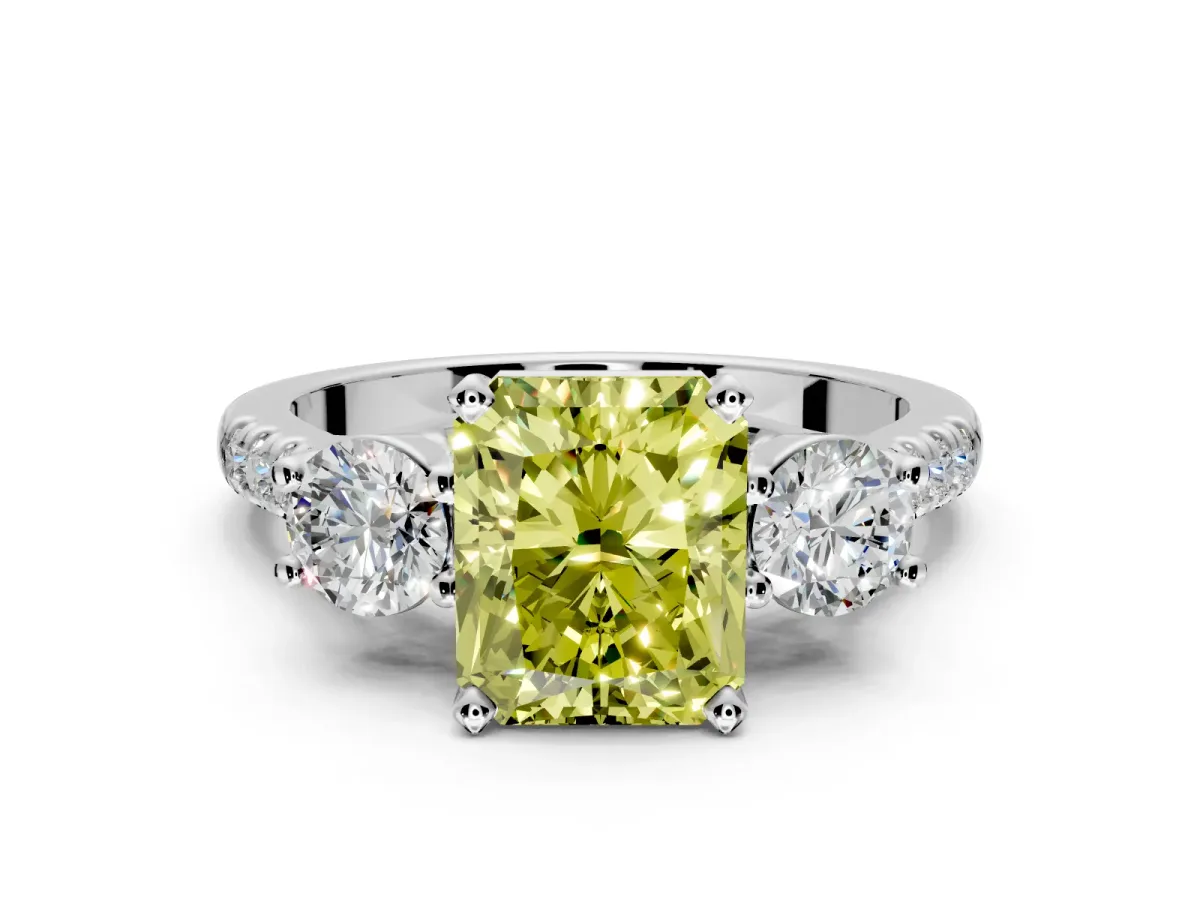 3 Stone Engagement Ring Setting for Fancy Yellow Radiant Cut Center with Crossover Basket, Pave Band and Prong Head in Sterling Silver