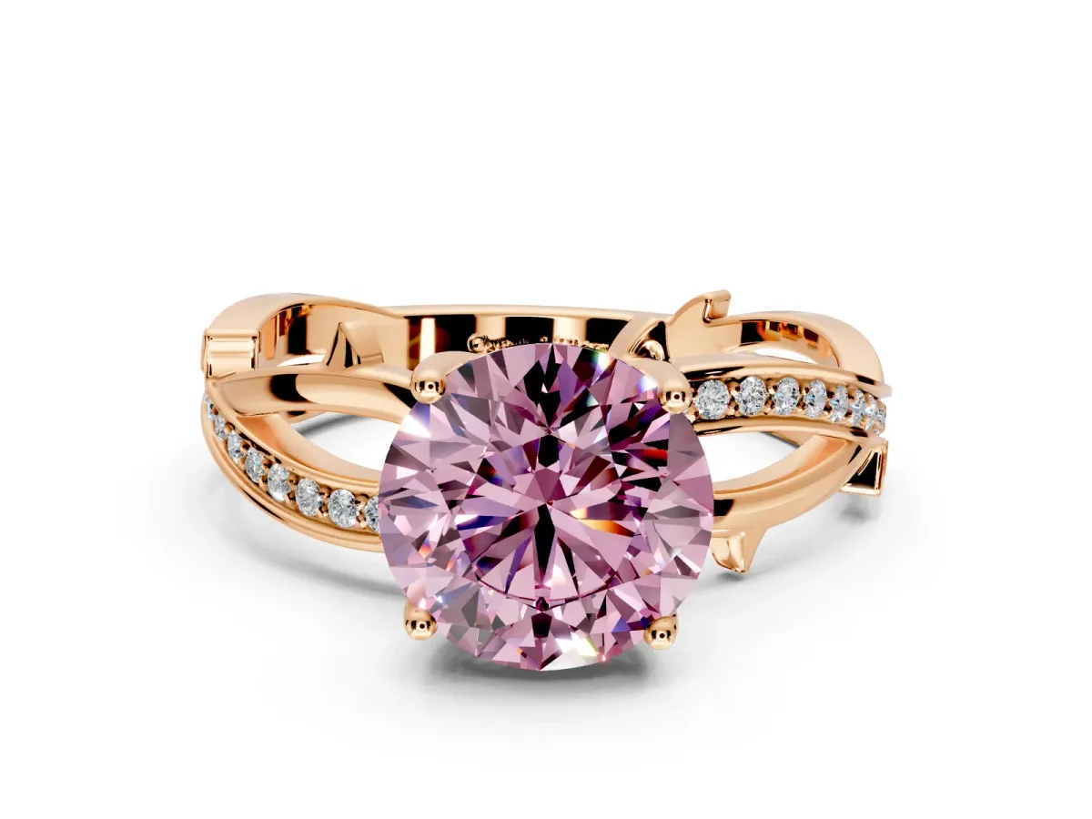 Solitaire Engagement Ring Setting for Fancy Pink Round Cut Center with Pave and Plain Crossover Band and Prong Head in Rose Gold