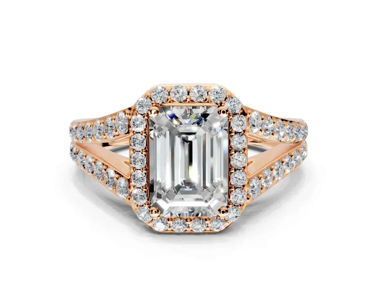 Halo Engagement Ring Setting for Emerald Cut Center with Narrow Pave Split Shank and Prong Head in Rose Gold