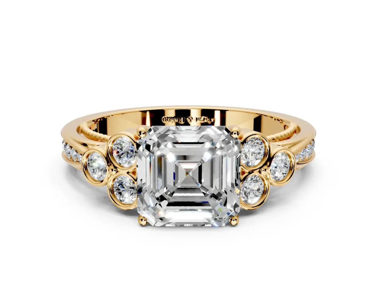 Cluster Engagement Ring Setting for Asscher Cut Center with Bezel Accent Clusters and Prong Head in Yellow Gold