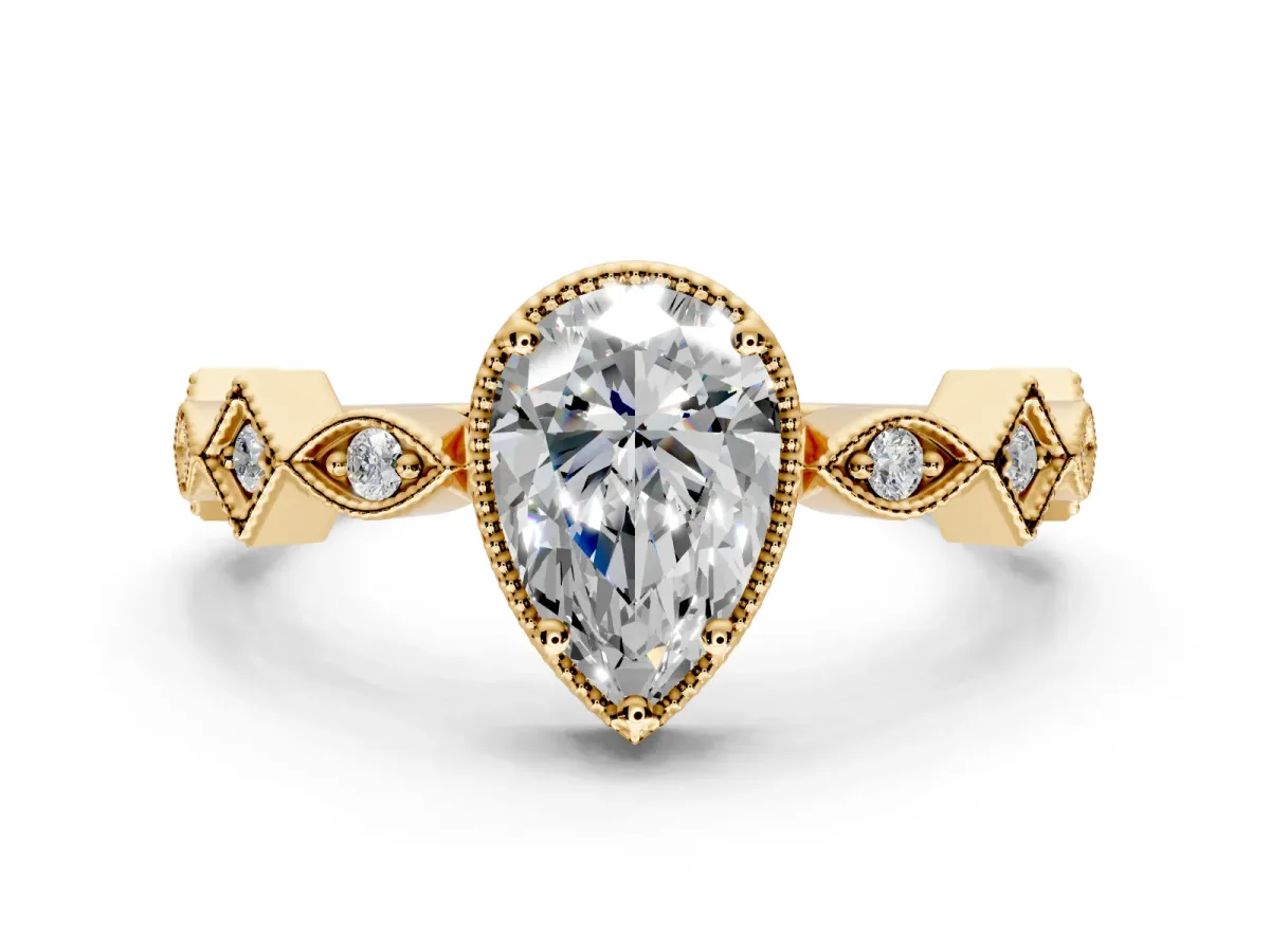 Milgrain Bezel Engagement Ring Setting for Pear-Shaped Center with Marquise Stations and Bezel Head in Yellow Gold