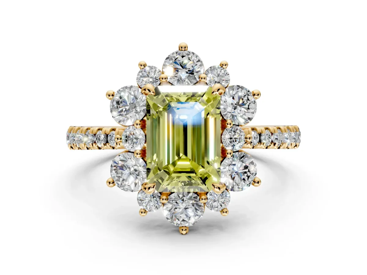 Floral Halo Engagement Ring Setting for Fancy Yellow Emerald Cut Center with Pave Accents and Prong Head in Yellow Gold