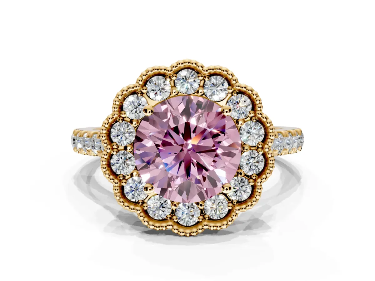 Milgrain Floral Halo Engagement Ring Setting for Fancy Pink Round Cut Center with Pave Band and Prong Head in Yellow Gold